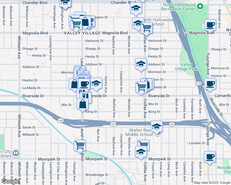 map of restaurants, bars, coffee shops, grocery stores, and more near in Los Angeles