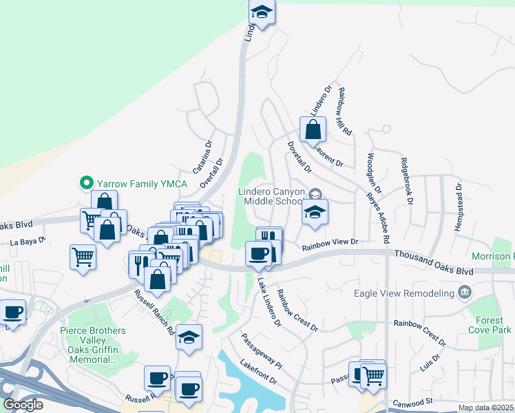map of restaurants, bars, coffee shops, grocery stores, and more near 5842 Cape Horn Drive in Agoura Hills