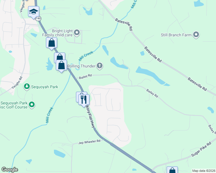map of restaurants, bars, coffee shops, grocery stores, and more near 217 Park Creek Drive in Woodstock