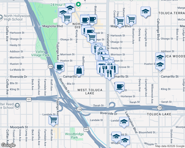 map of restaurants, bars, coffee shops, grocery stores, and more near 11119 Camarillo Street in Los Angeles