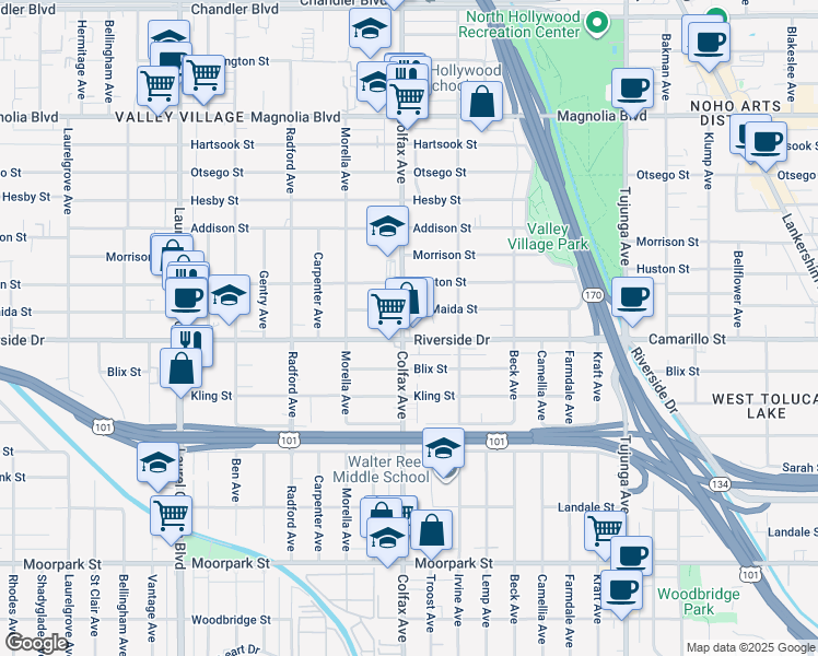 map of restaurants, bars, coffee shops, grocery stores, and more near 4810 Colfax Avenue in Los Angeles