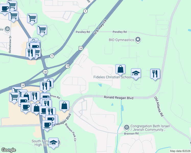 map of restaurants, bars, coffee shops, grocery stores, and more near 3335 Southwick Drive in Cumming
