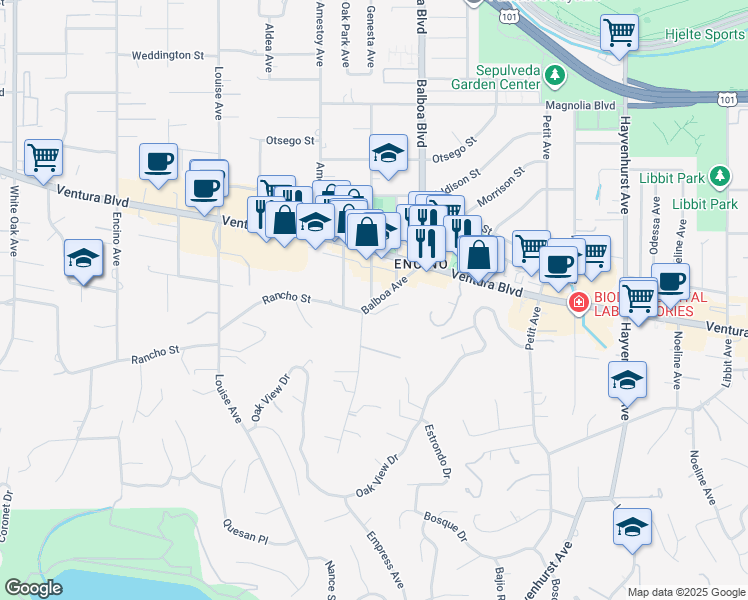 map of restaurants, bars, coffee shops, grocery stores, and more near 4800 Genesta Avenue in Los Angeles