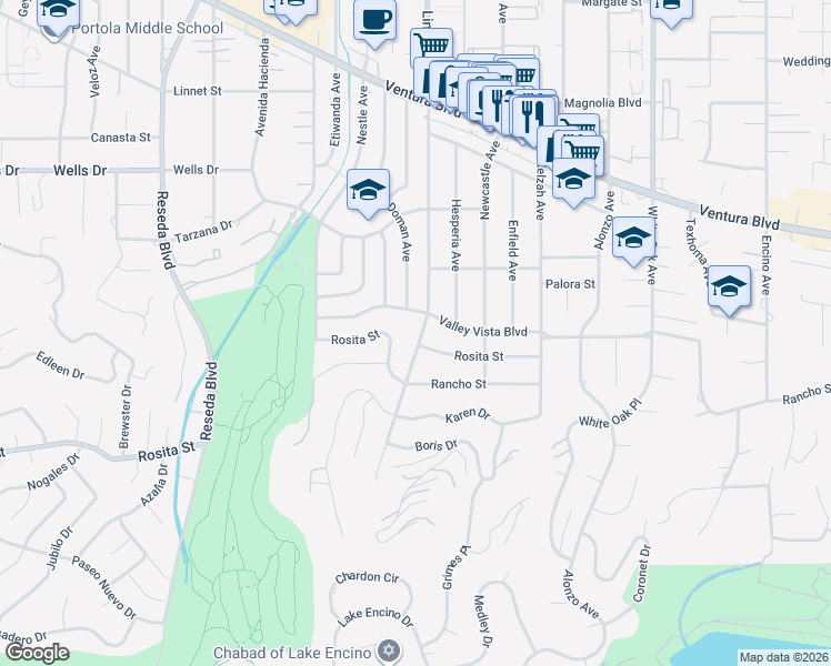 map of restaurants, bars, coffee shops, grocery stores, and more near 4861 Lindley Avenue in Los Angeles