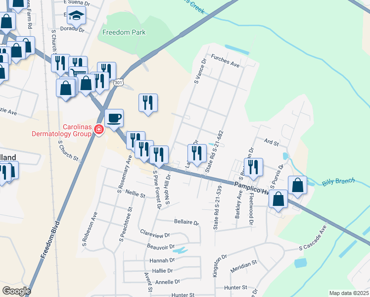 map of restaurants, bars, coffee shops, grocery stores, and more near 1207 State Road S-21-687 in Florence