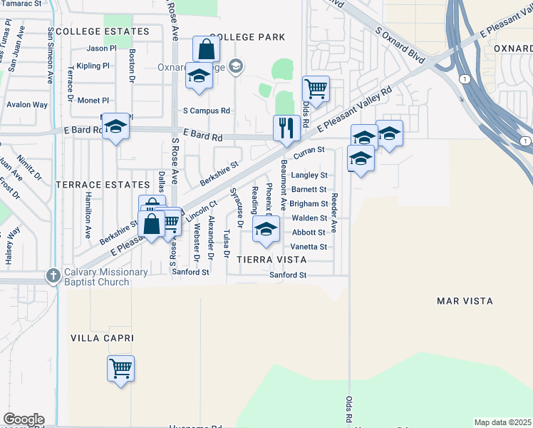 map of restaurants, bars, coffee shops, grocery stores, and more near 4631 Phoenix Drive in Oxnard