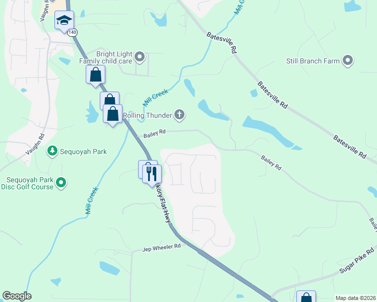map of restaurants, bars, coffee shops, grocery stores, and more near 213 Park Creek Drive in Woodstock