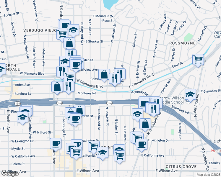 map of restaurants, bars, coffee shops, grocery stores, and more near 500 East Glenoaks Boulevard in Glendale