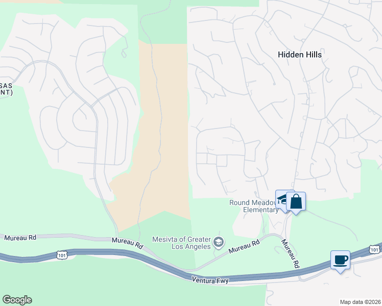 map of restaurants, bars, coffee shops, grocery stores, and more near 25163 Jim Bridger Road in Hidden Hills
