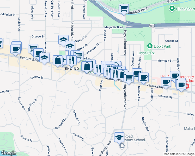 map of restaurants, bars, coffee shops, grocery stores, and more near 16656 Ventura Boulevard in Los Angeles