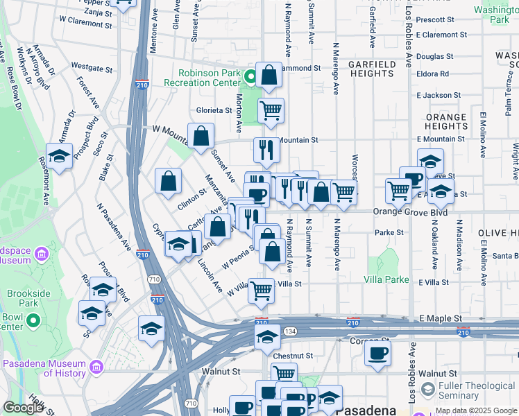 map of restaurants, bars, coffee shops, grocery stores, and more near 953 North Orange Grove Boulevard in Pasadena