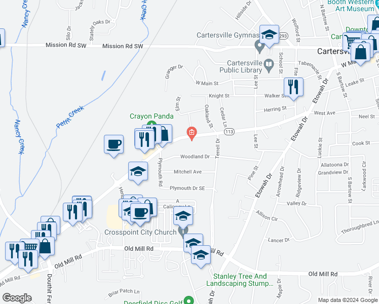 map of restaurants, bars, coffee shops, grocery stores, and more near 115 Woodland Drive in Cartersville