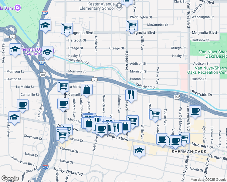map of restaurants, bars, coffee shops, grocery stores, and more near 4814 Lemona Avenue in Los Angeles