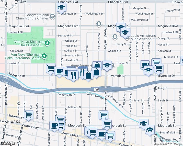 map of restaurants, bars, coffee shops, grocery stores, and more near 4813 Matilija Avenue in Los Angeles