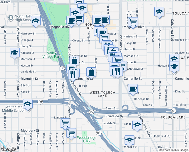 map of restaurants, bars, coffee shops, grocery stores, and more near 4805 Bellflower Avenue in Los Angeles