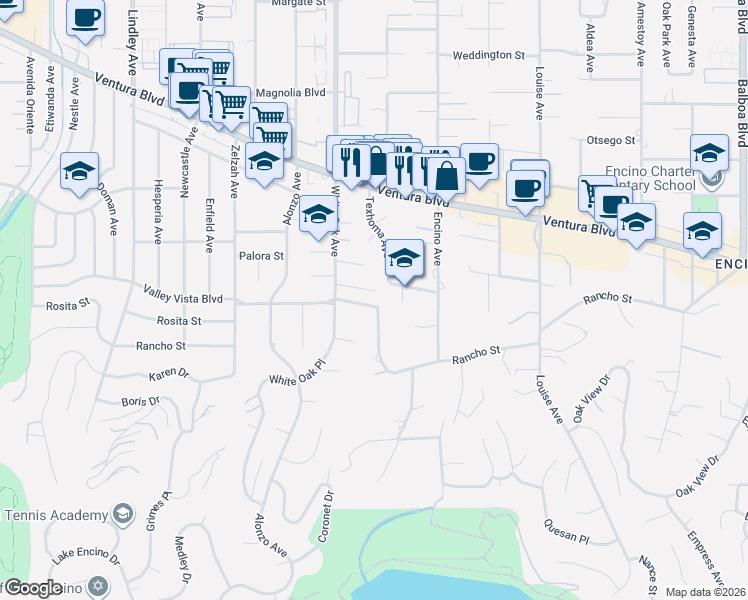 map of restaurants, bars, coffee shops, grocery stores, and more near 17616 Corinthian Drive in Los Angeles