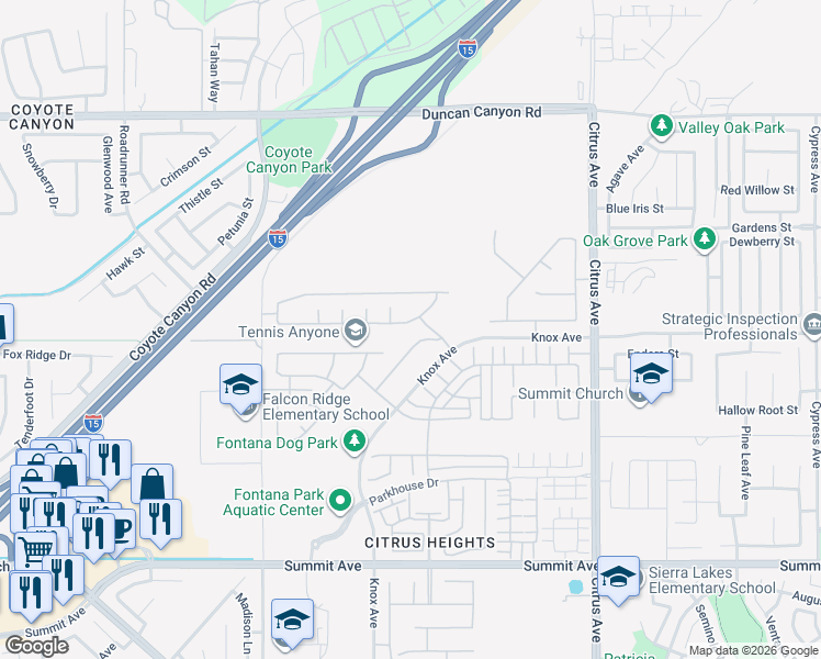 map of restaurants, bars, coffee shops, grocery stores, and more near 15765 Kings Peak Drive in Fontana
