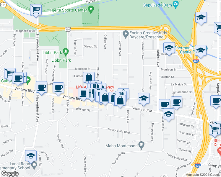 map of restaurants, bars, coffee shops, grocery stores, and more near 4837 Gaviota Avenue in Los Angeles