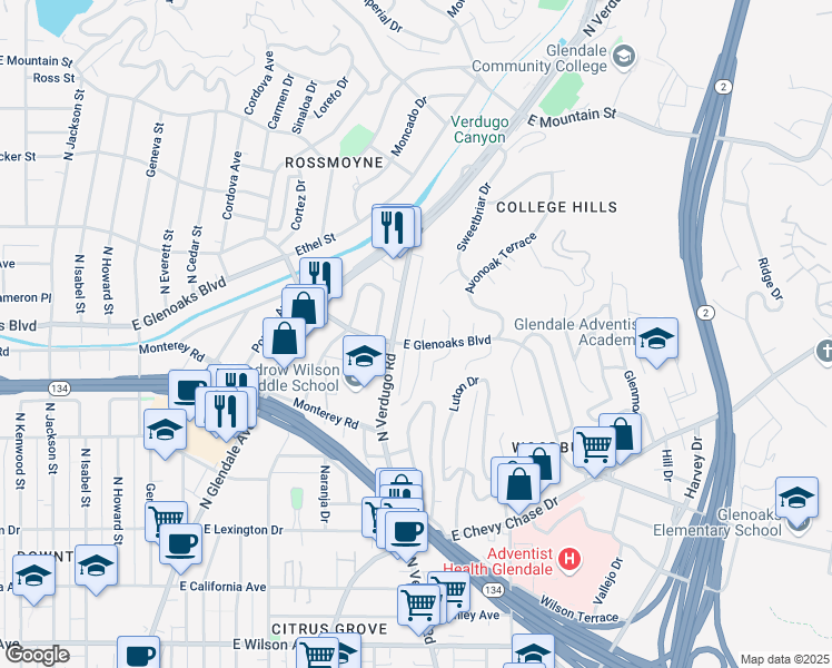 map of restaurants, bars, coffee shops, grocery stores, and more near 907 Sylvanoak Drive in Glendale