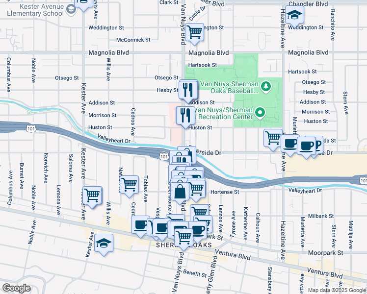 map of restaurants, bars, coffee shops, grocery stores, and more near Van Nuys Blvd & Riverside Dr in Los Angeles