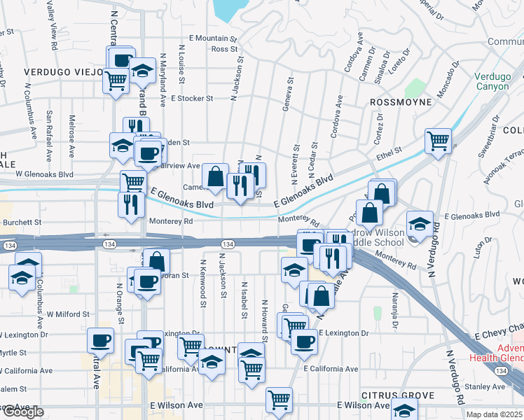 map of restaurants, bars, coffee shops, grocery stores, and more near 702 East Glenoaks Boulevard in Glendale