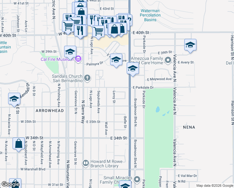 map of restaurants, bars, coffee shops, grocery stores, and more near 241 Larkspur Dr in San Bernardino