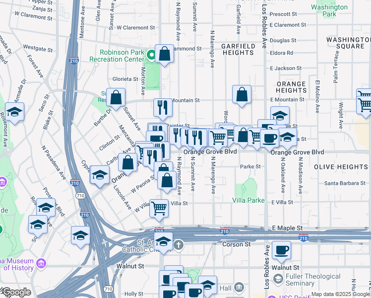 map of restaurants, bars, coffee shops, grocery stores, and more near 95 East Orange Grove Boulevard in Pasadena