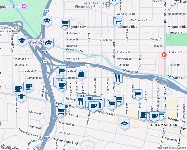 map of restaurants, bars, coffee shops, grocery stores, and more near 4815 Norwich Avenue in Los Angeles