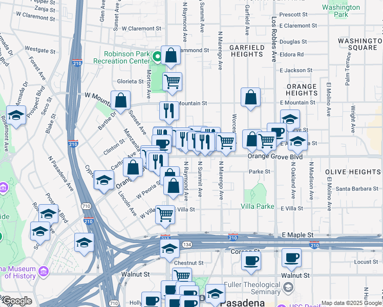 map of restaurants, bars, coffee shops, grocery stores, and more near 95 East Orange Grove Boulevard in Pasadena