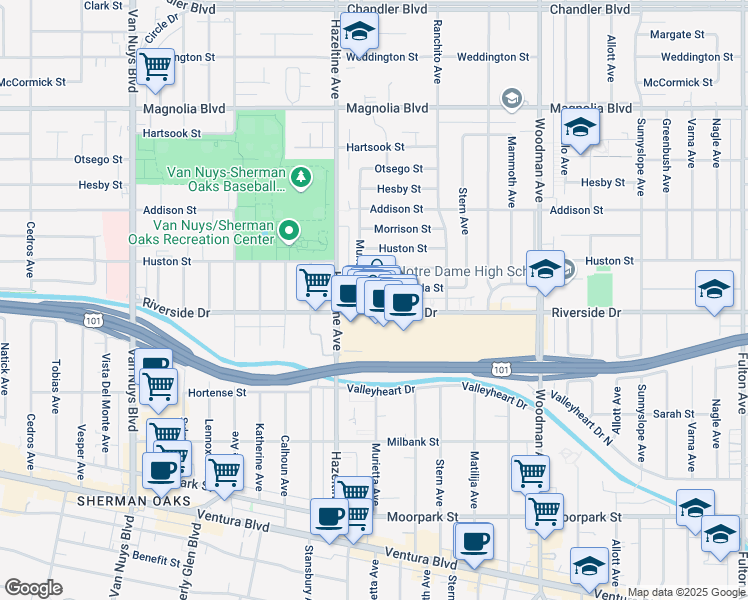 map of restaurants, bars, coffee shops, grocery stores, and more near 14025 Riverside Drive in Los Angeles