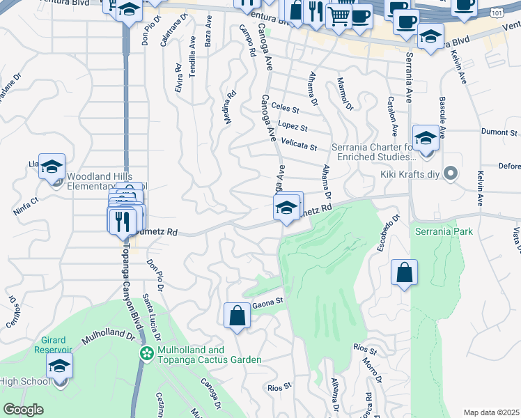 map of restaurants, bars, coffee shops, grocery stores, and more near 4950 Campo Road in Los Angeles