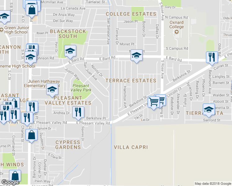 map of restaurants, bars, coffee shops, grocery stores, and more near 4645 Terrace Avenue in Oxnard