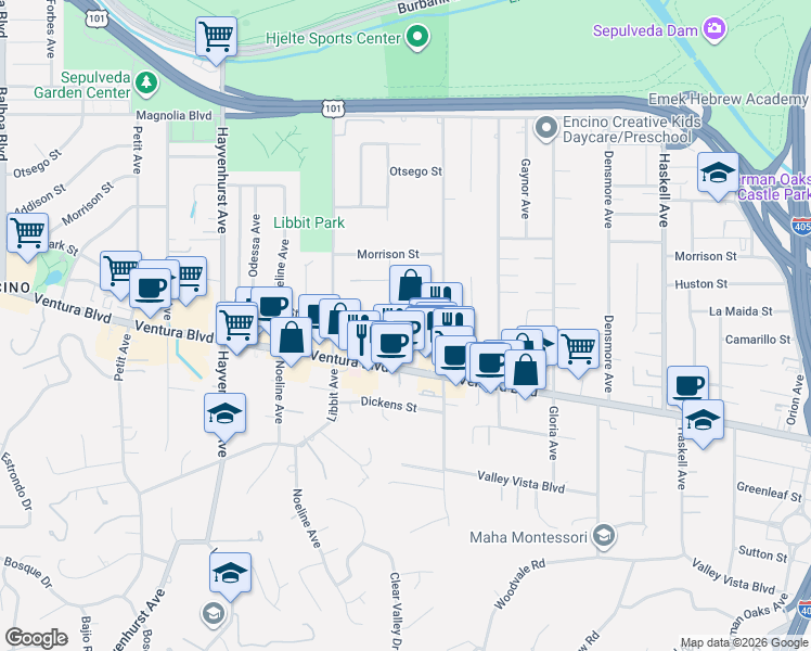map of restaurants, bars, coffee shops, grocery stores, and more near 4823 Swinton Avenue in Los Angeles