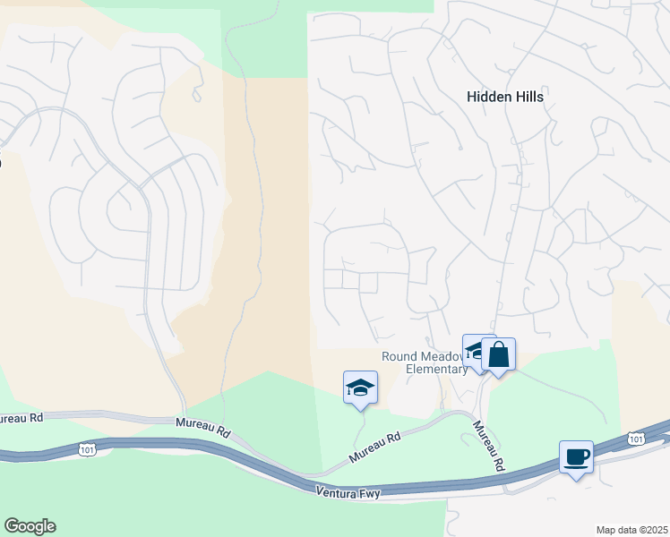 map of restaurants, bars, coffee shops, grocery stores, and more near 25163 Jim Bridger Road in Hidden Hills