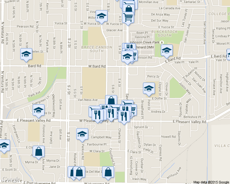 map of restaurants, bars, coffee shops, grocery stores, and more near 4628 South B Street in Oxnard