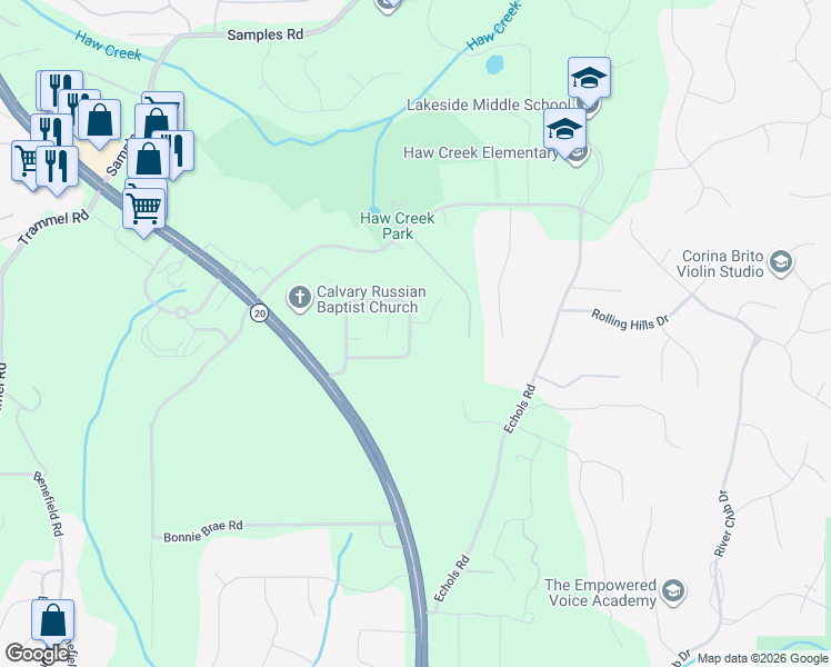 map of restaurants, bars, coffee shops, grocery stores, and more near 2525 Vistoria Drive in Cumming