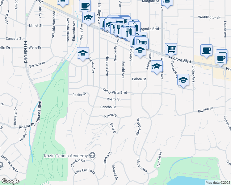 map of restaurants, bars, coffee shops, grocery stores, and more near 18010 Valley Vista Boulevard in Los Angeles
