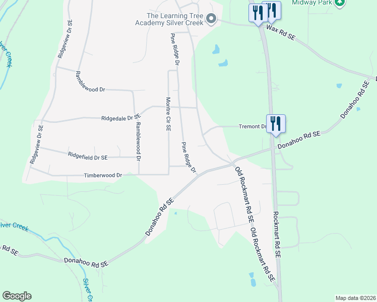 map of restaurants, bars, coffee shops, grocery stores, and more near 61 Pine Ridge Drive in Silver Creek