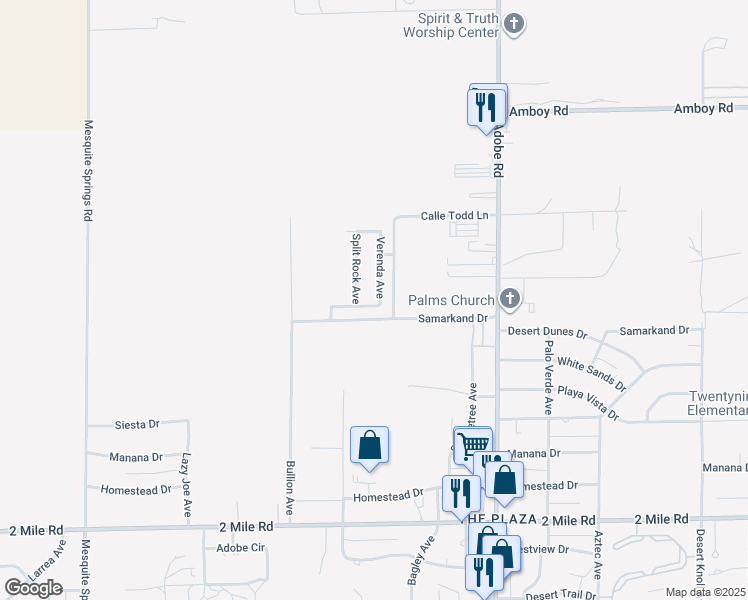 map of restaurants, bars, coffee shops, grocery stores, and more near 5266 Verenda Avenue in Twentynine Palms