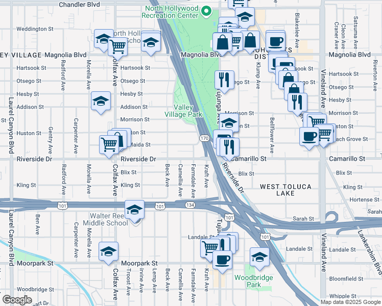 map of restaurants, bars, coffee shops, grocery stores, and more near 4811 Farmdale Avenue in Los Angeles