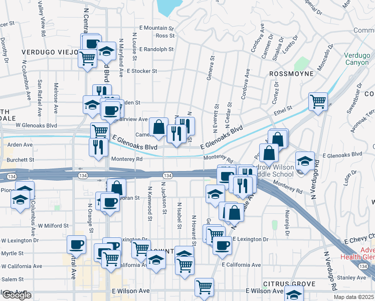 map of restaurants, bars, coffee shops, grocery stores, and more near 620 East Glenoaks Boulevard in Glendale