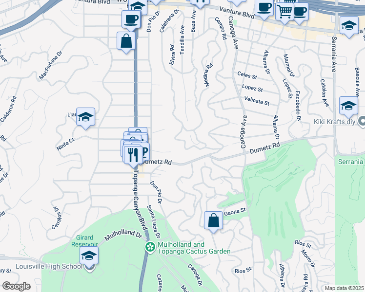 map of restaurants, bars, coffee shops, grocery stores, and more near 4939 Medina Drive in Los Angeles