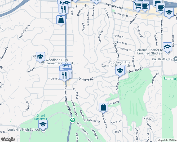 map of restaurants, bars, coffee shops, grocery stores, and more near 4939 Medina Drive in Los Angeles