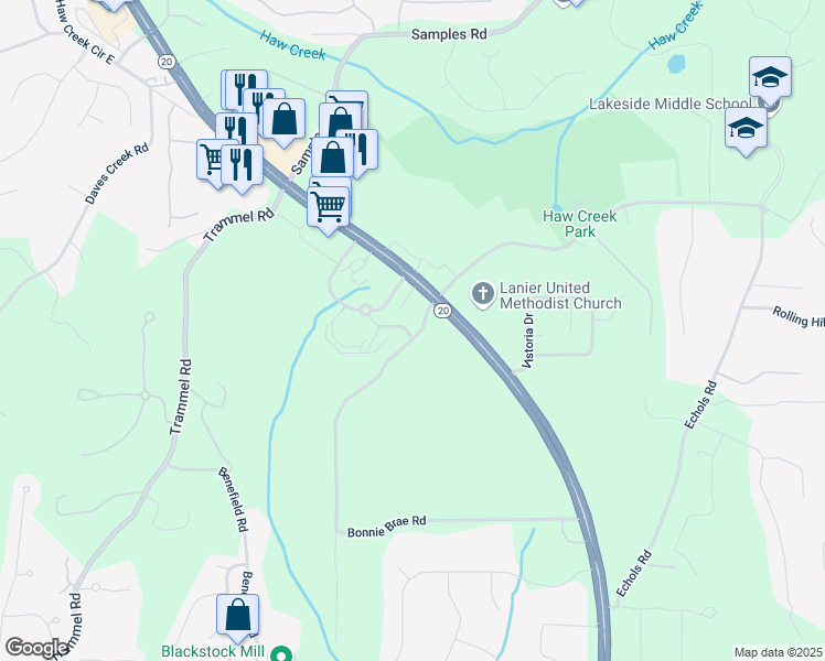 map of restaurants, bars, coffee shops, grocery stores, and more near 2056 Holly Court in Cumming
