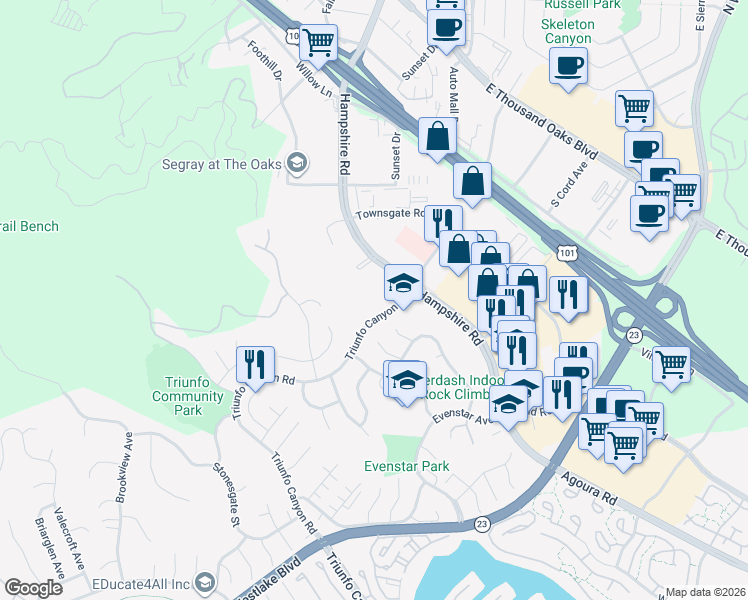 map of restaurants, bars, coffee shops, grocery stores, and more near 645 Hampshire Road in Westlake Village
