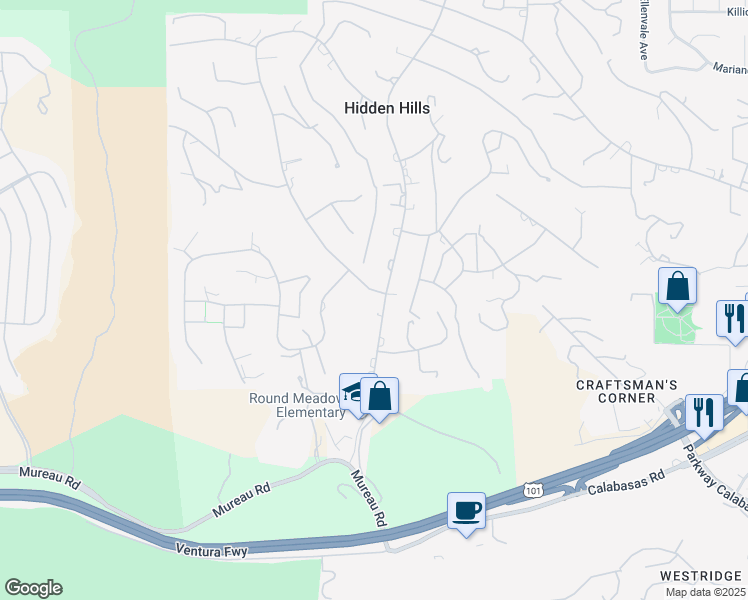 map of restaurants, bars, coffee shops, grocery stores, and more near 5303 Round Meadow Road in Hidden Hills
