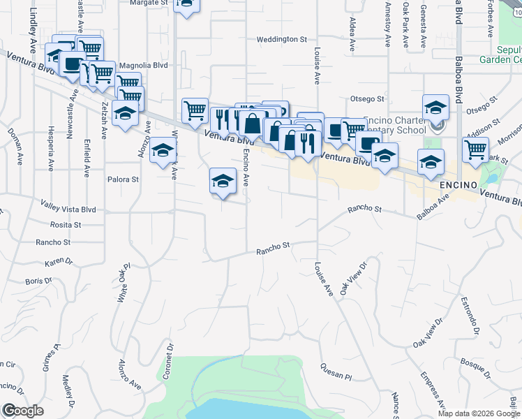 map of restaurants, bars, coffee shops, grocery stores, and more near 4830 Encino Avenue in Los Angeles