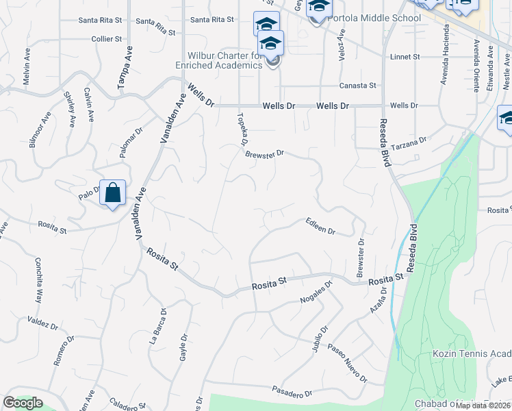 map of restaurants, bars, coffee shops, grocery stores, and more near 18919 La Montana Place in Los Angeles