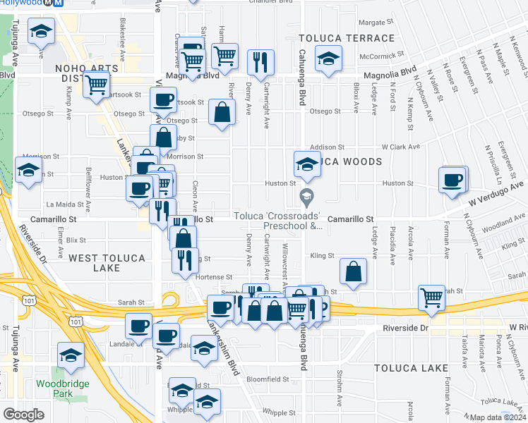 map of restaurants, bars, coffee shops, grocery stores, and more near 10707 Camarillo Street in Los Angeles