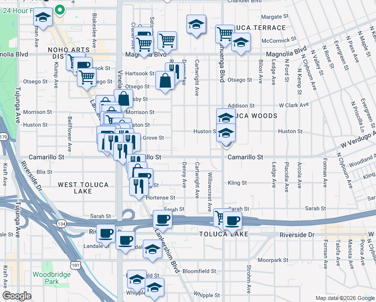 map of restaurants, bars, coffee shops, grocery stores, and more near 10715 Camarillo Street in Los Angeles